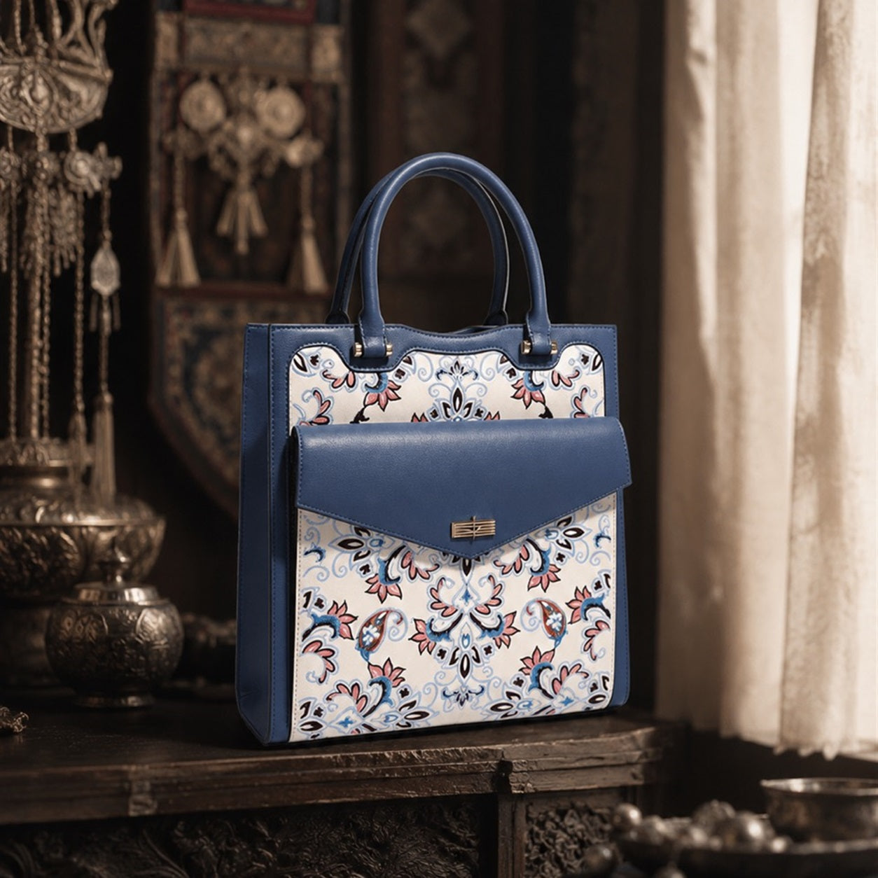 Golden Brocade - E03 fully hand-embroidered Indigo Court Chinese-inspired brocade handbag square main image