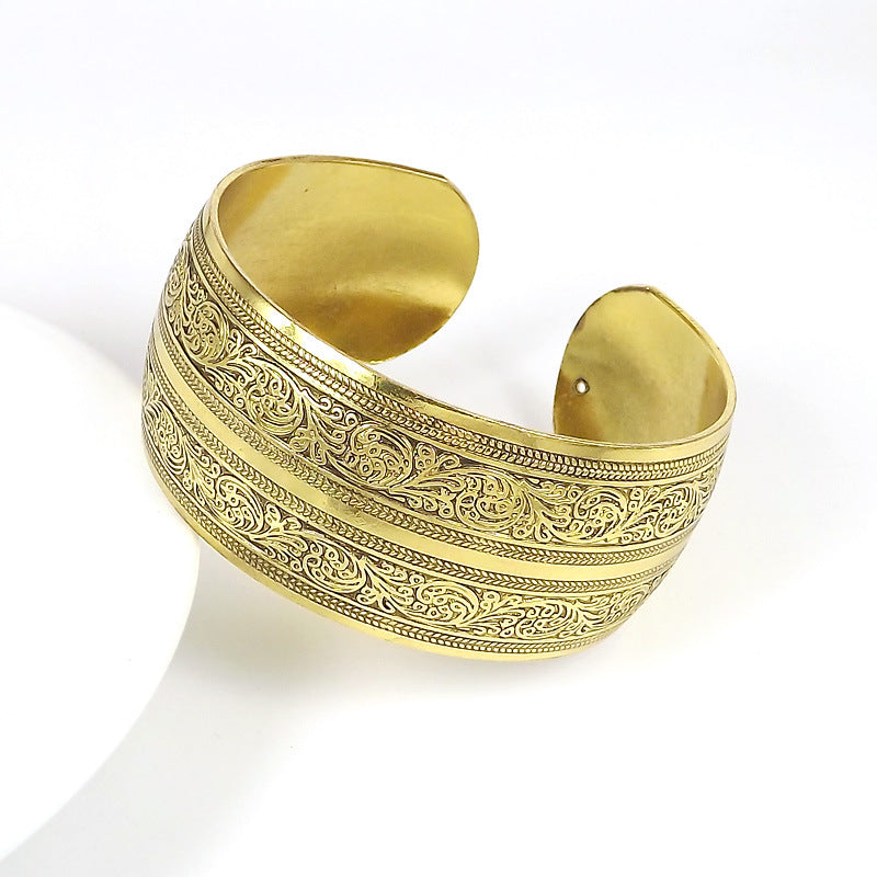 Golden River Cuff-K9071-Gold Miao-inspired open cuff bangle with layered river-scroll engraving