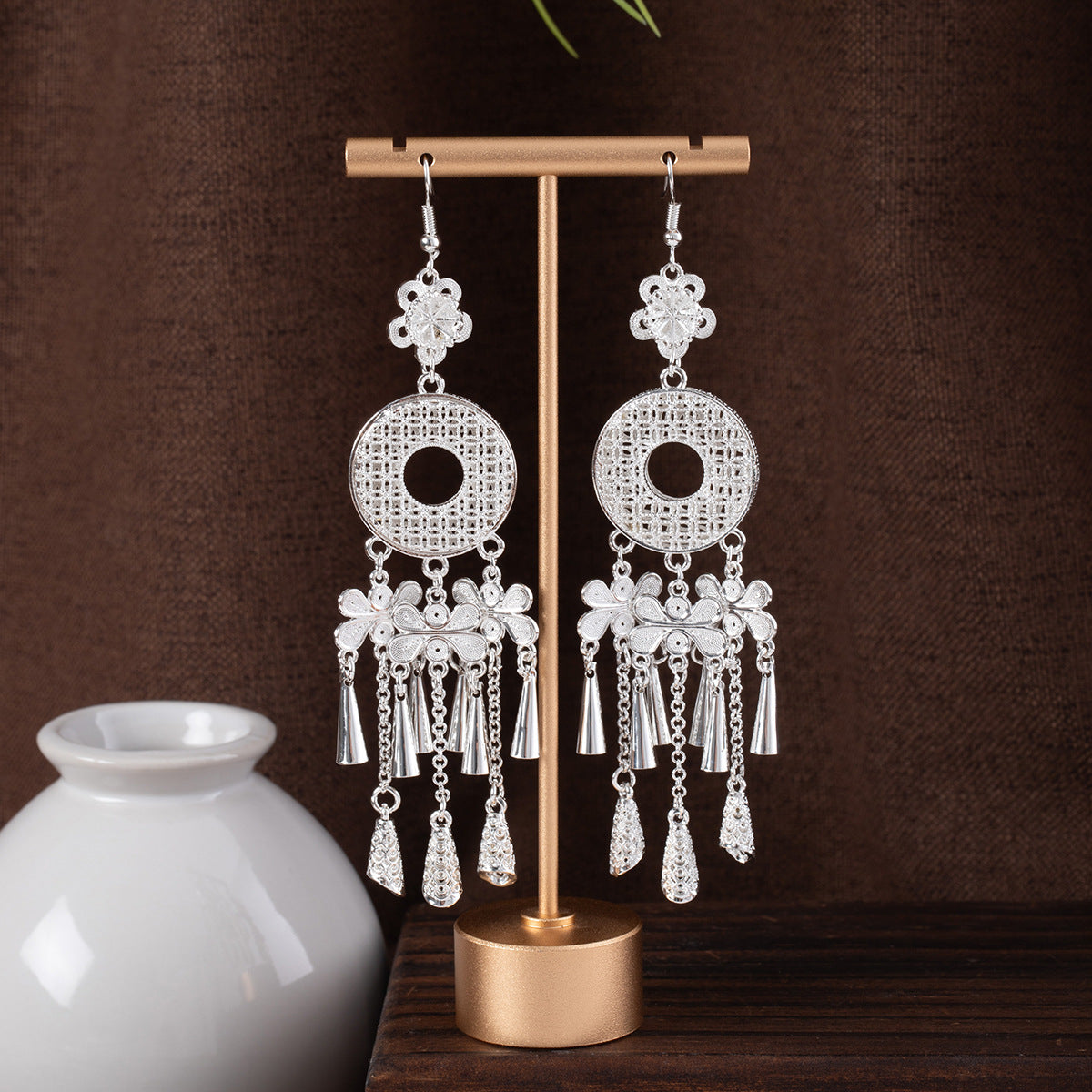 Hearth Rain Pearl-E5217-2 Miao-inspired earrings with Chinese-inspired cultural detail