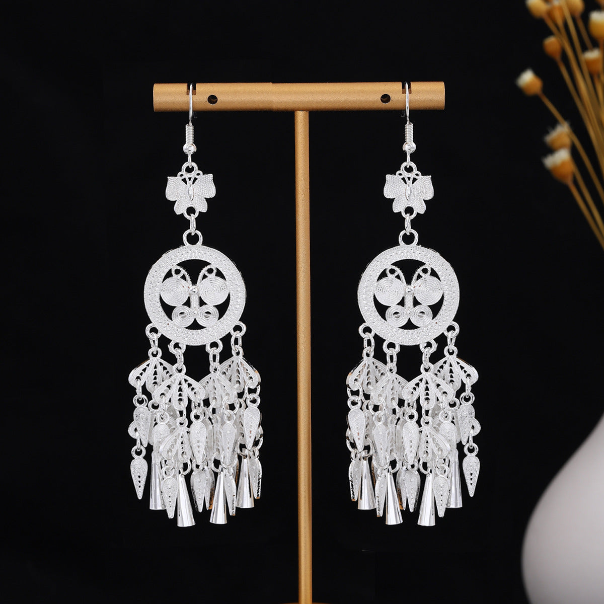 Hearth Willow Charm-E7264 Miao-inspired earrings with Chinese-inspired cultural detail