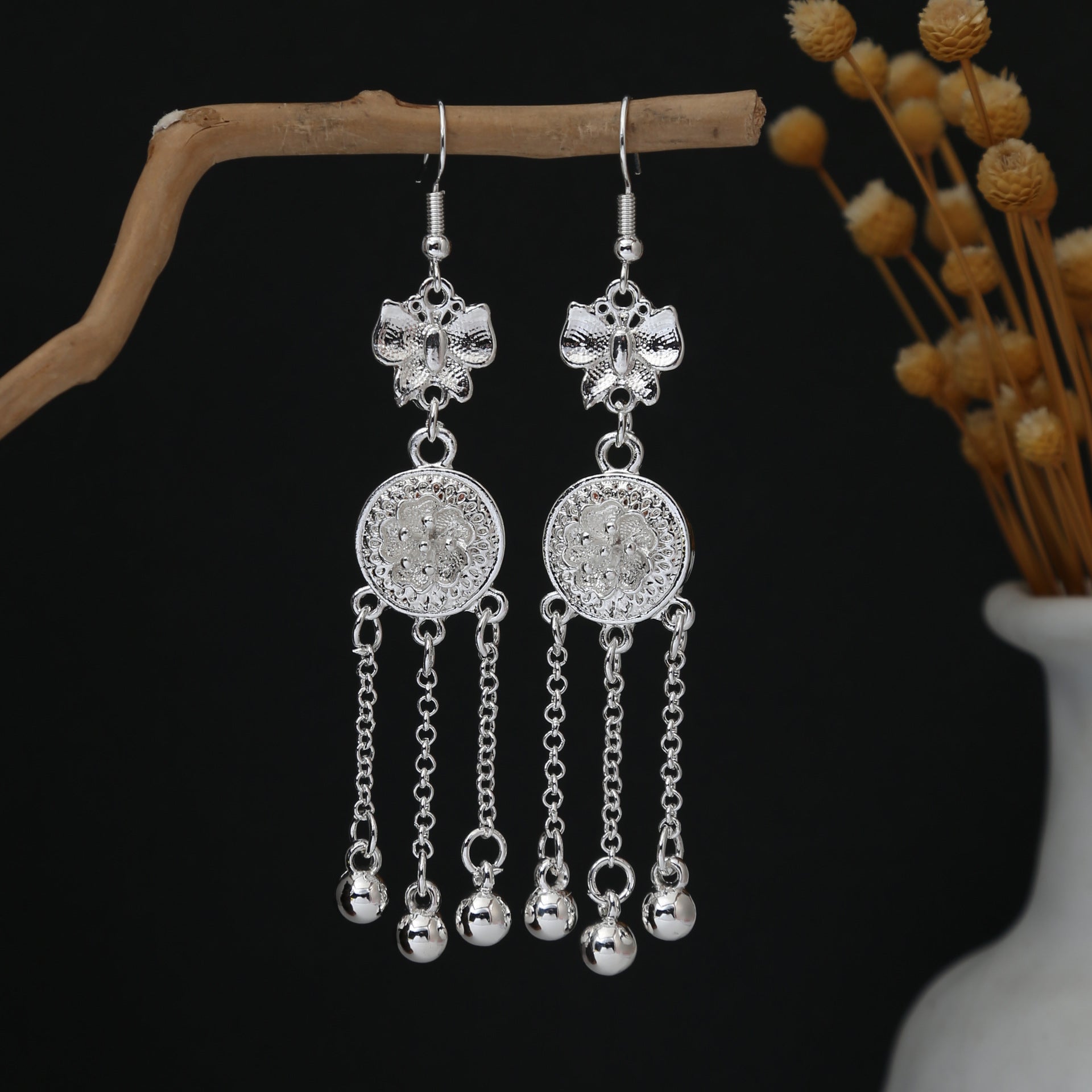 Jade Blessing Loop-E7956 Miao-inspired earrings with Chinese-inspired cultural detail