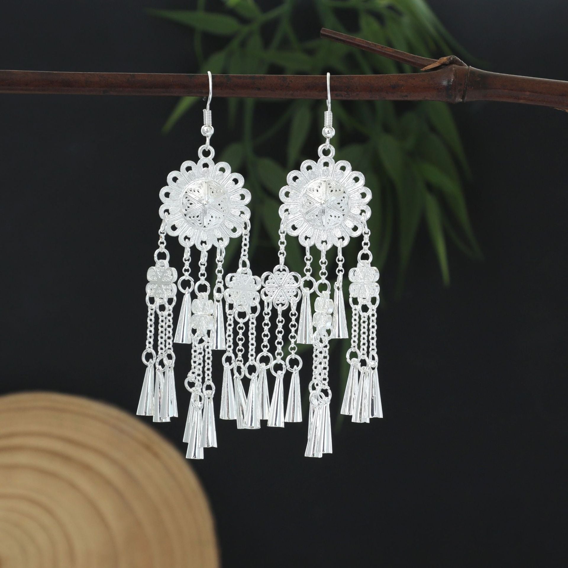 Jade Memory Bloom-E2449-1 Miao-inspired earrings with Chinese-inspired cultural detail