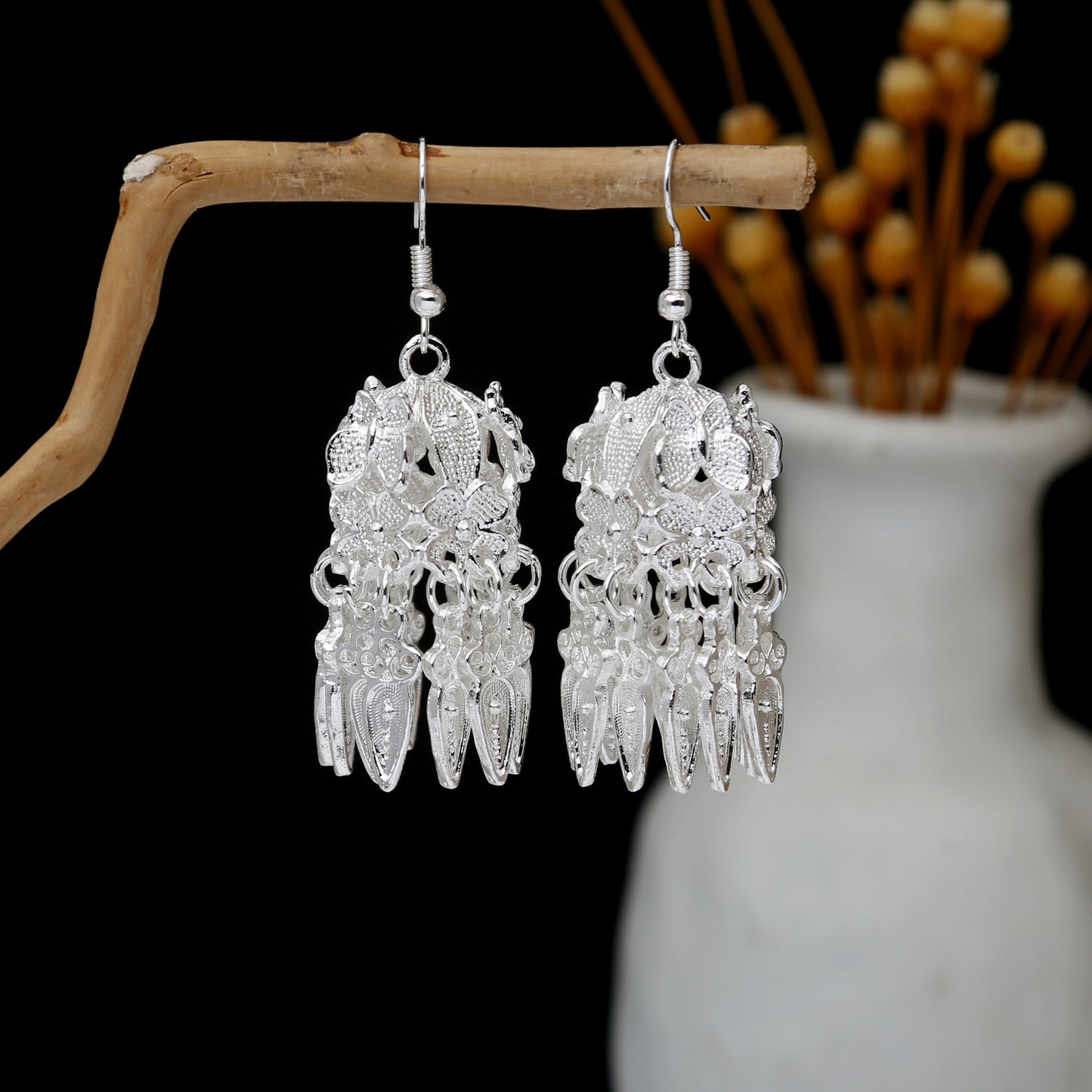 Jade Silk Road-E2644-2 Miao-inspired earrings with Chinese-inspired cultural detail