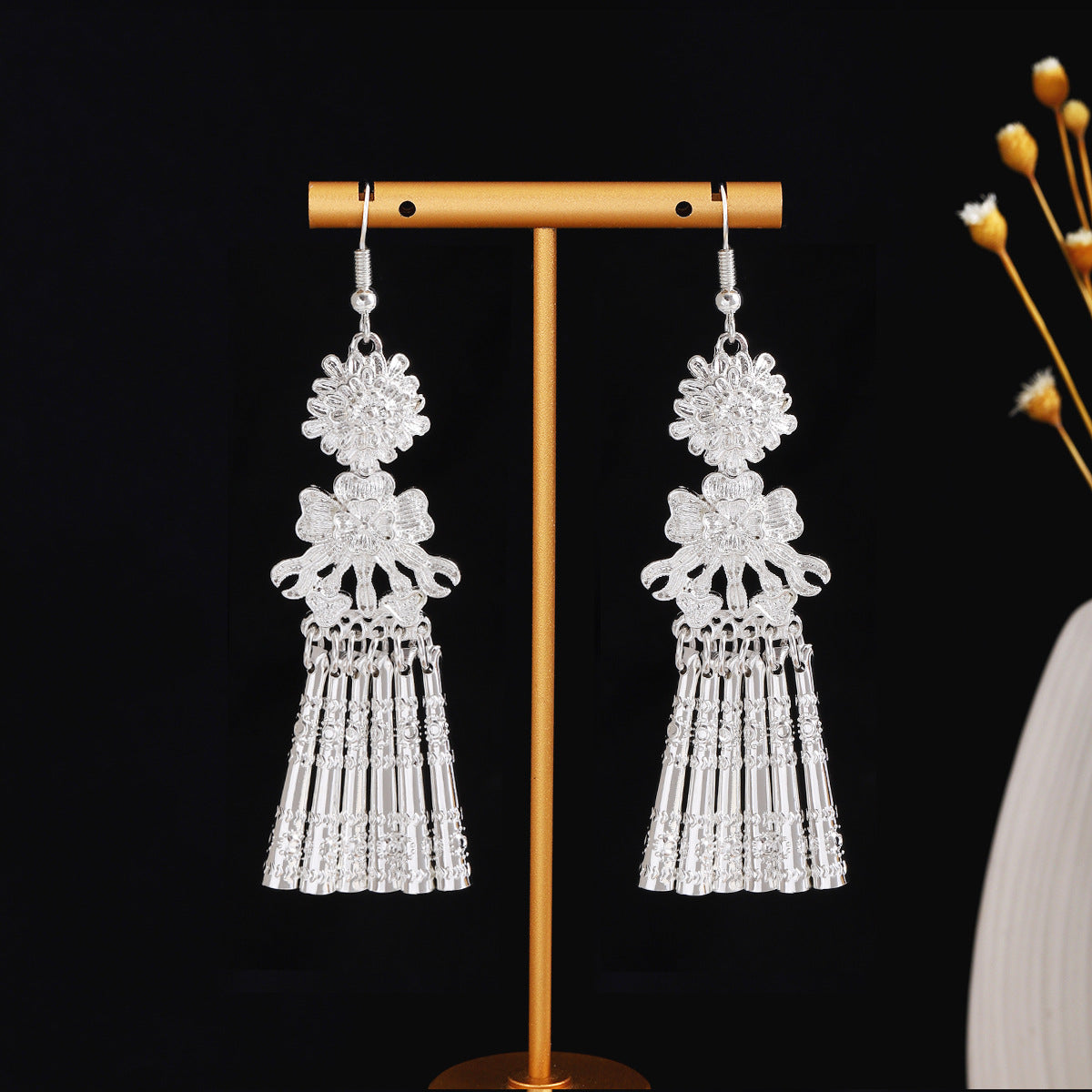 Lantern Courtyard Bloom-E2758-1 Miao-inspired earrings with Chinese-inspired cultural detail