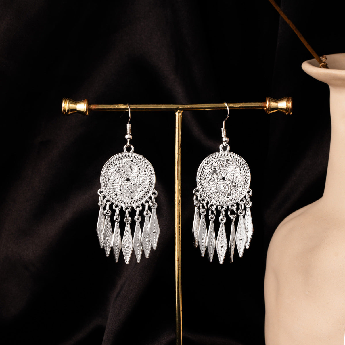 Lantern Rain Pearl-E1116-1 Miao-inspired earrings with Chinese-inspired cultural detail