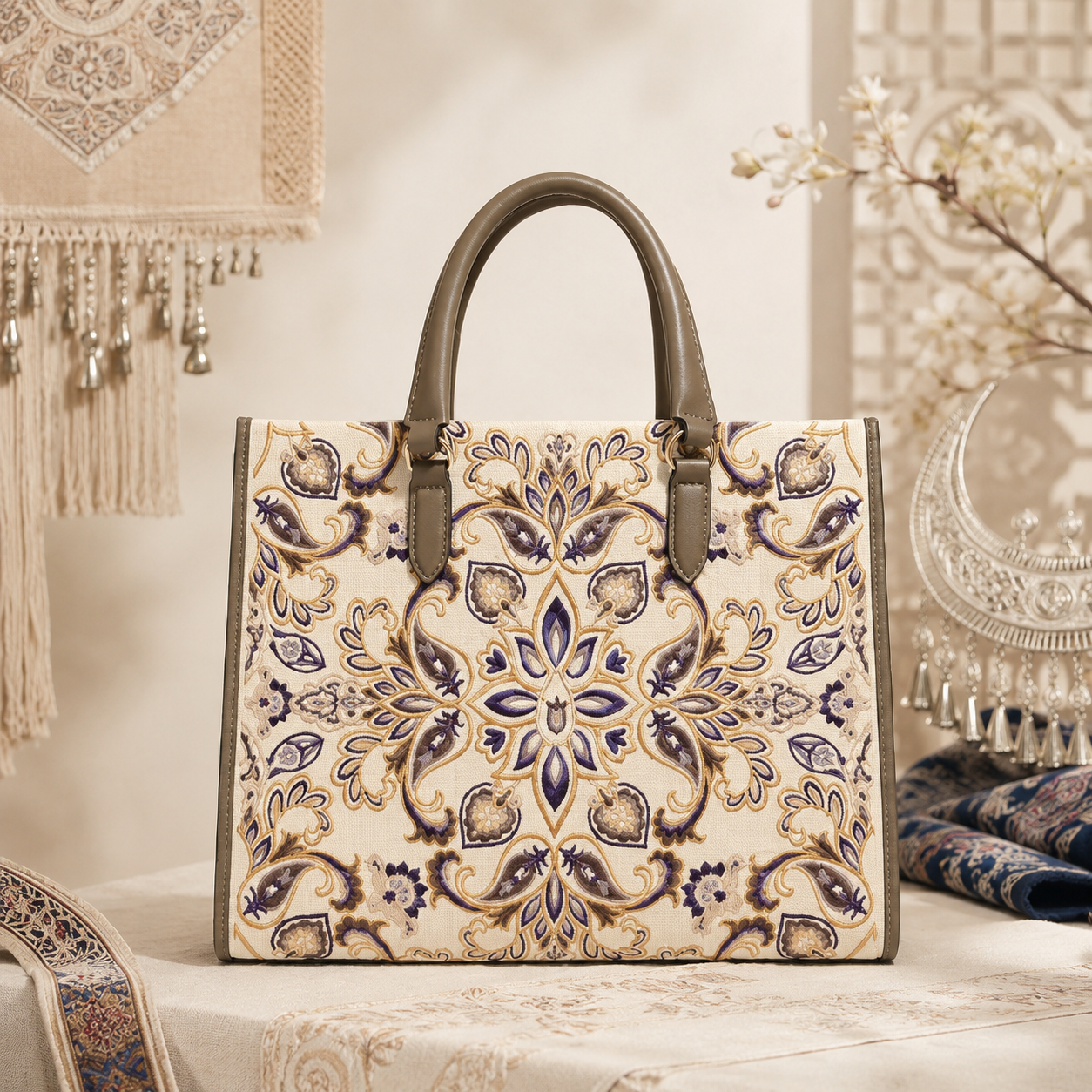 Moonlit Brocade taupe and ivory hand-embroidered tote bag - E02
