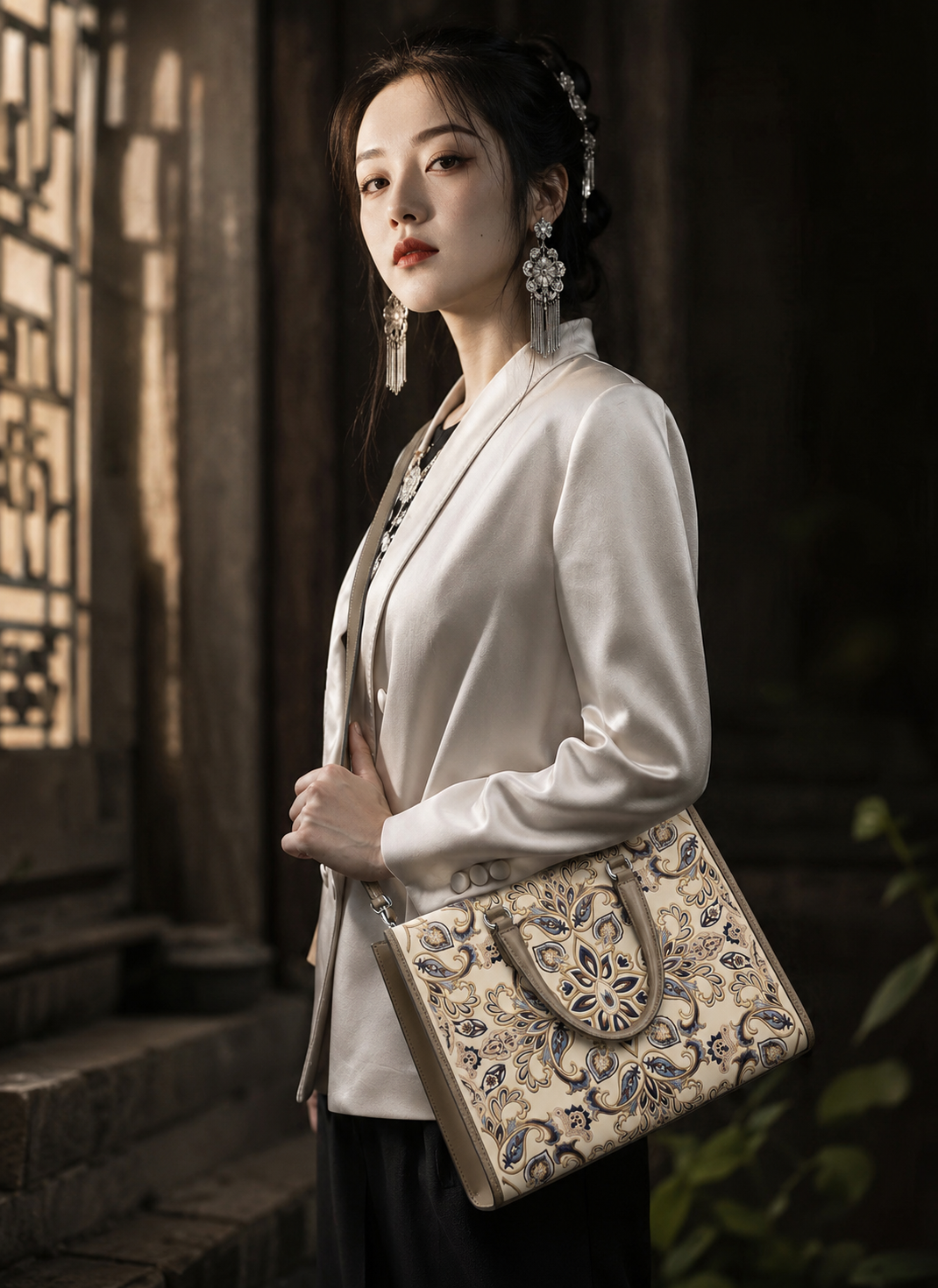 Model carrying the Moonlit Brocade hand-embroidered tote - E02