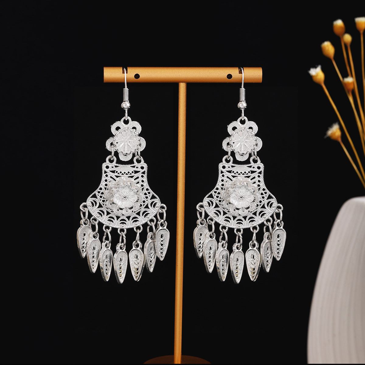 Moonlit Heritage Knot-E3824-1 Miao-inspired earrings with Chinese-inspired cultural detail