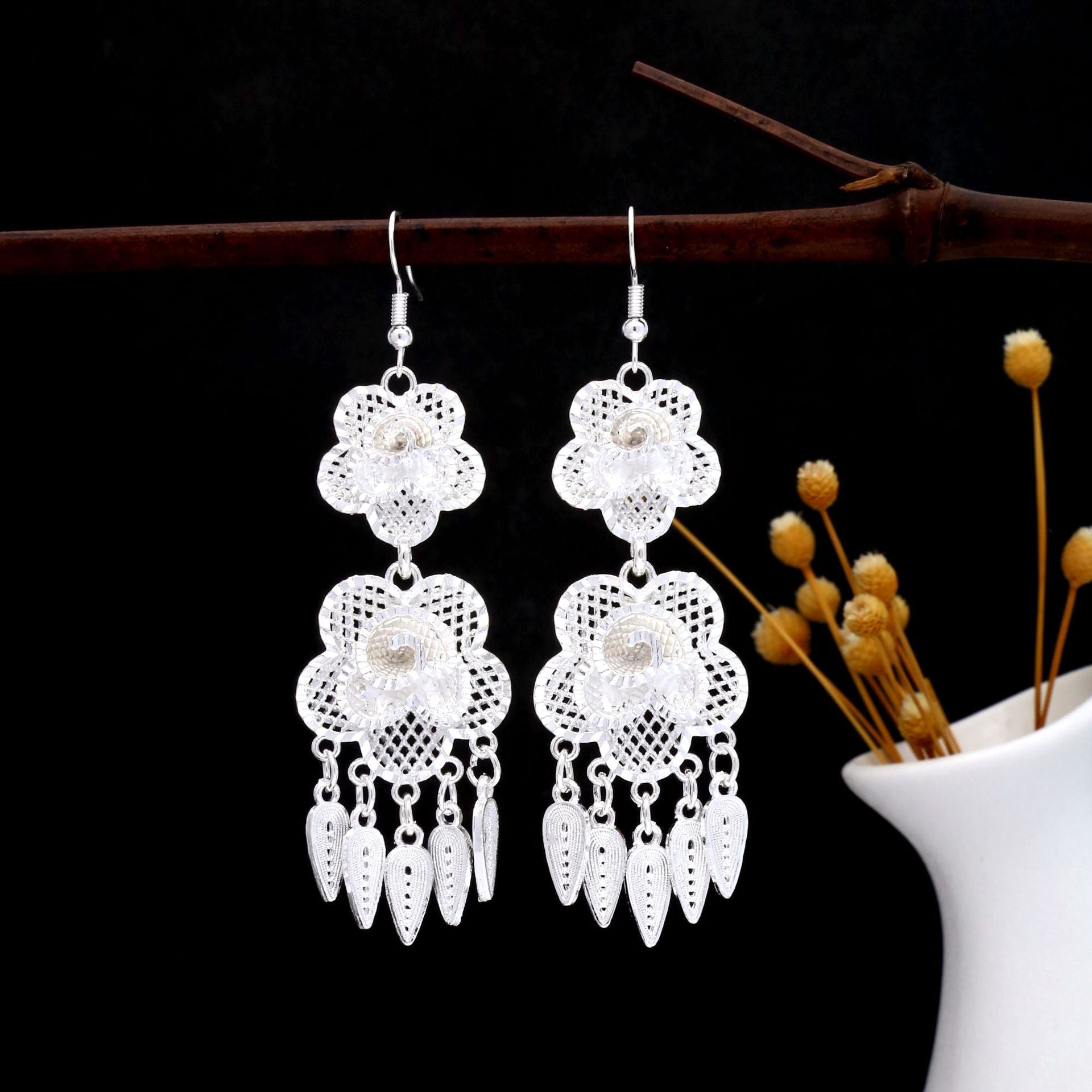 Moonlit Lotus Drop-E4992-2 Miao-inspired earrings with Chinese-inspired cultural detail