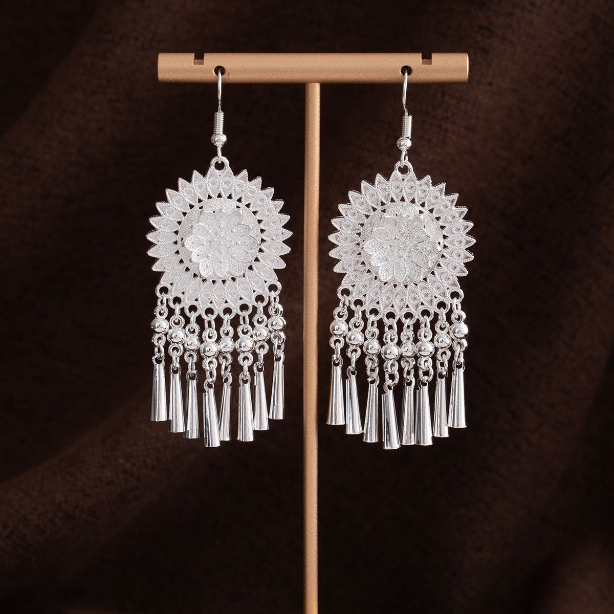 Moonlit Mountain Echo-E1624-3 Miao-inspired earrings with Chinese-inspired cultural detail