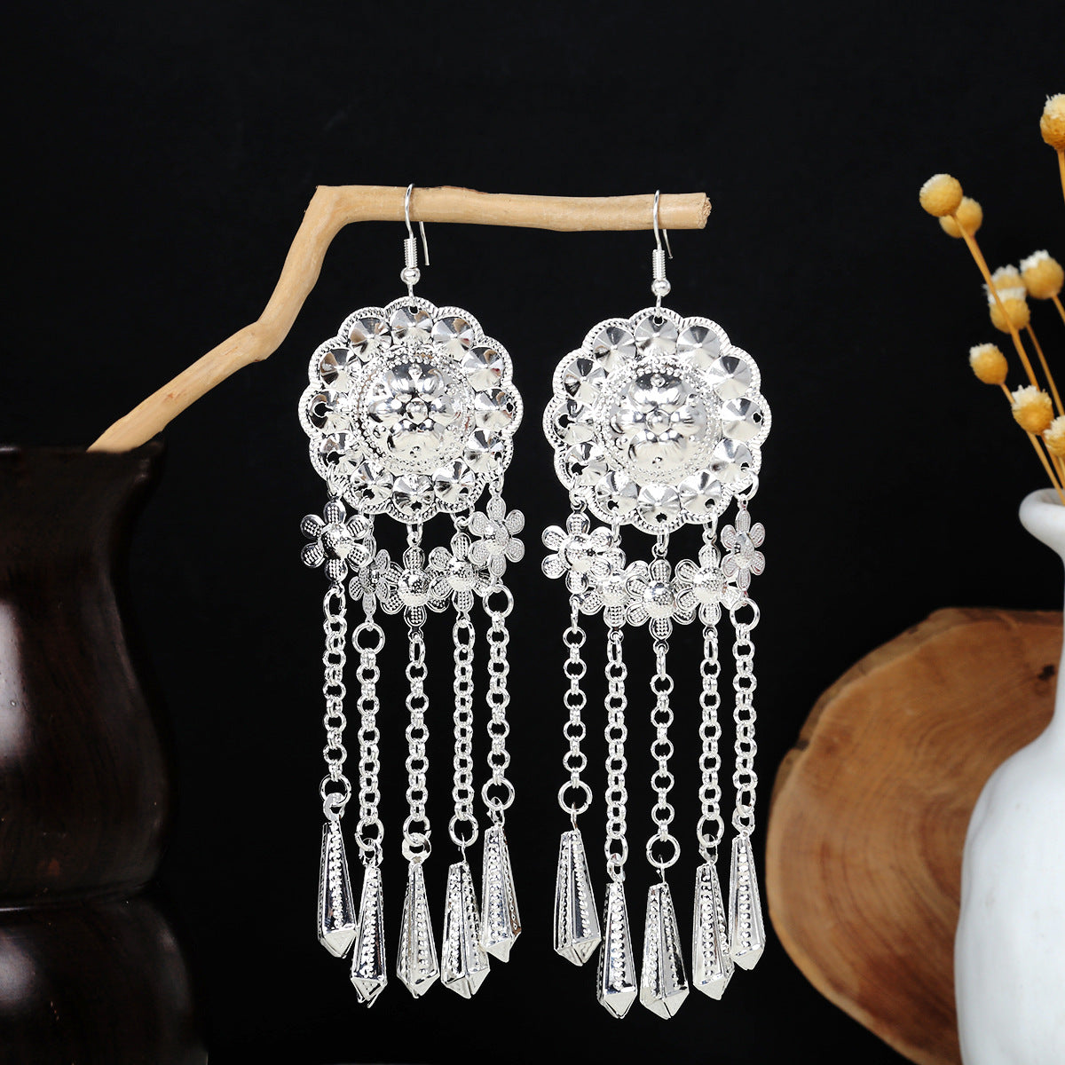 Moonlit Phoenix Whisper-E3164-1 Miao-inspired earrings with Chinese-inspired cultural detail