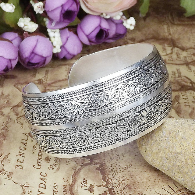 Moonlit River Cuff-K9071-Silver Miao-inspired open cuff bangle with layered river-scroll engraving