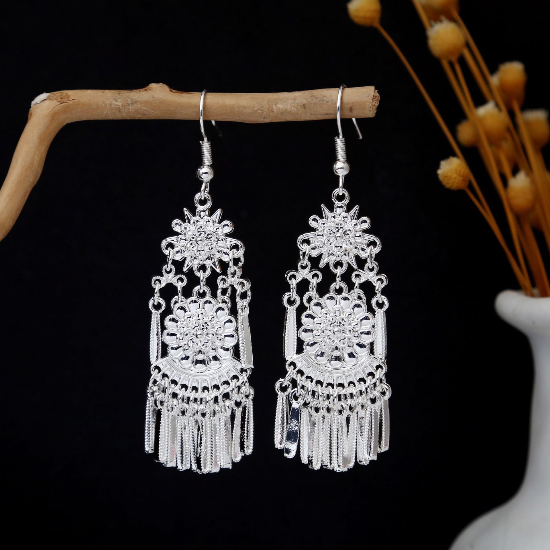 Moonlit Silk Road-E5742-2 Miao-inspired earrings with Chinese-inspired cultural detail