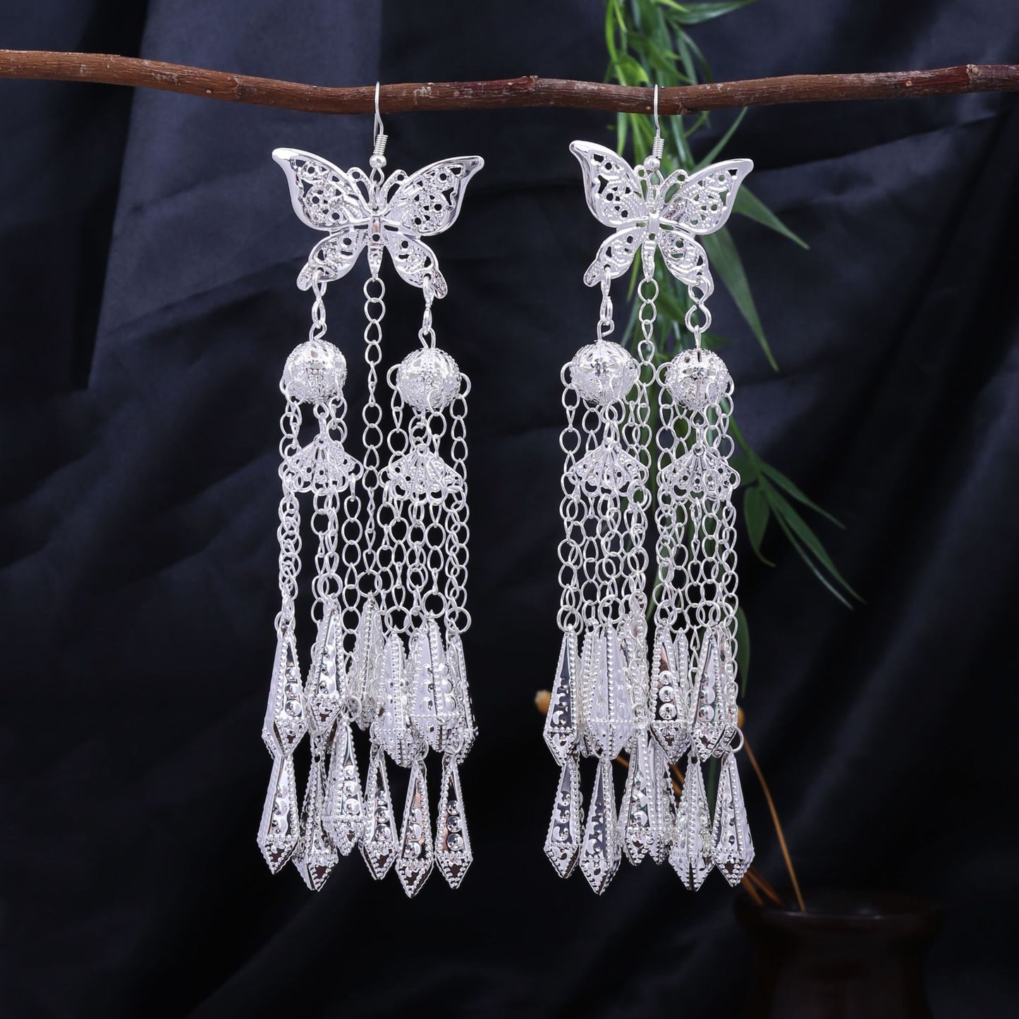 Moonlit Silver Bell-E3467 Miao-inspired earrings with Chinese-inspired cultural detail