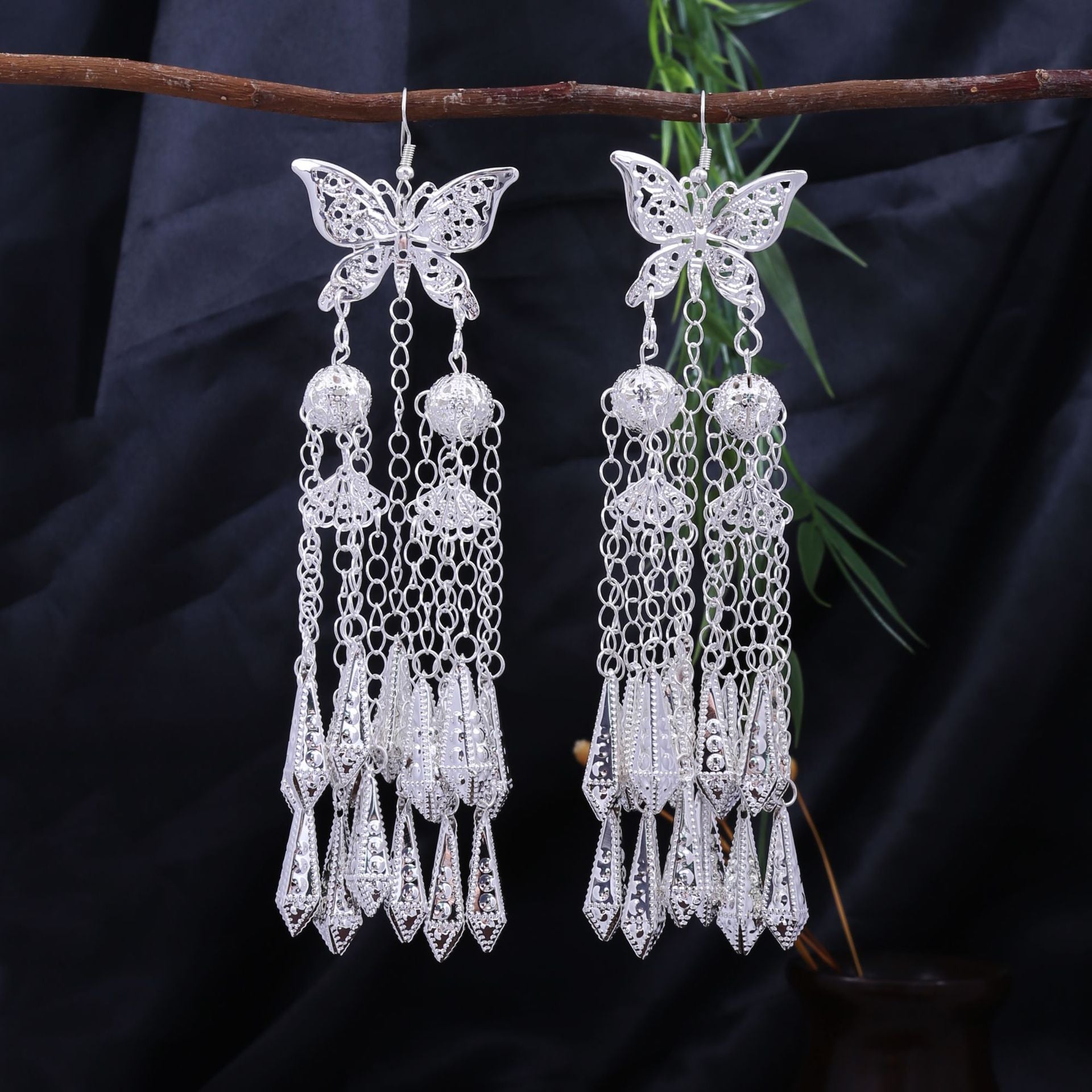 Moonlit Silver Bell-E3467 Miao-inspired earrings with Chinese-inspired cultural detail