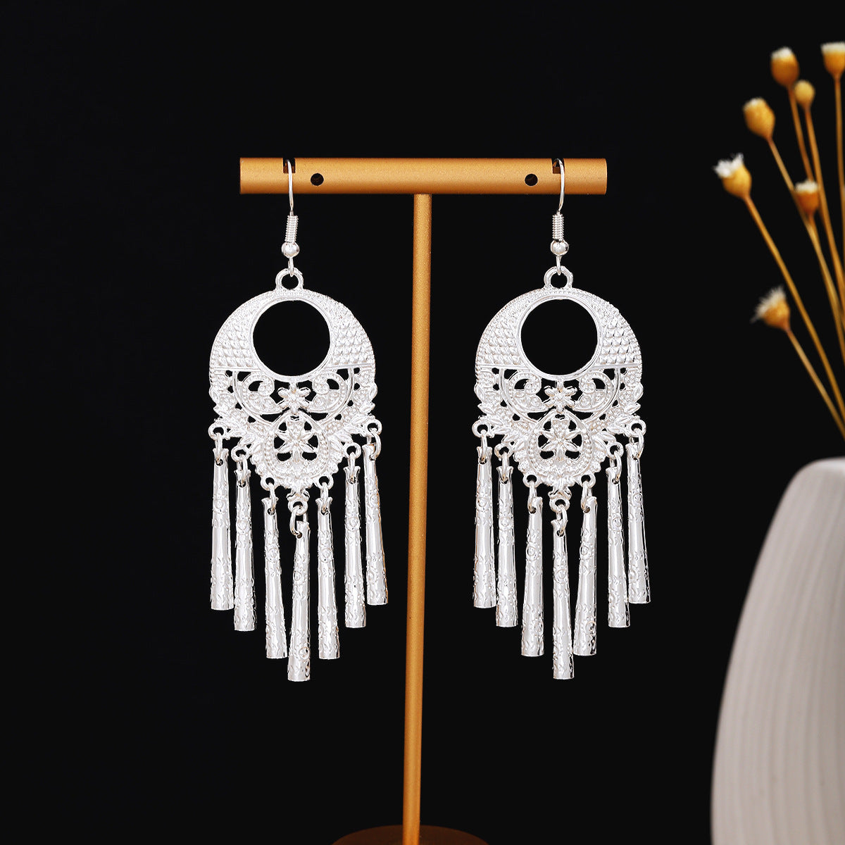 Moonlit Silver Bell-E7266 Miao-inspired earrings with Chinese-inspired cultural detail