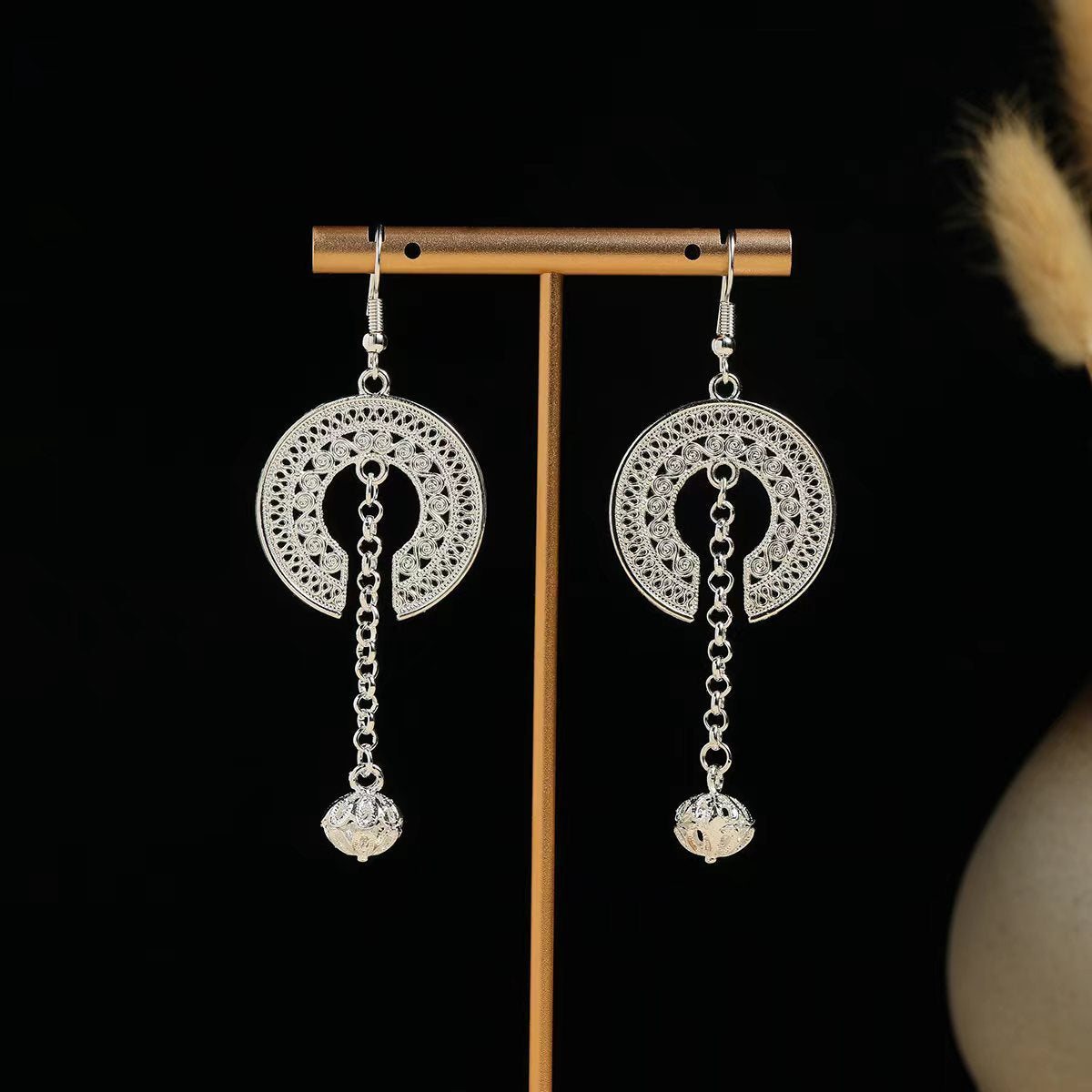 Moonlit Willow Charm-E865-3 Miao-inspired earrings with Chinese-inspired cultural detail