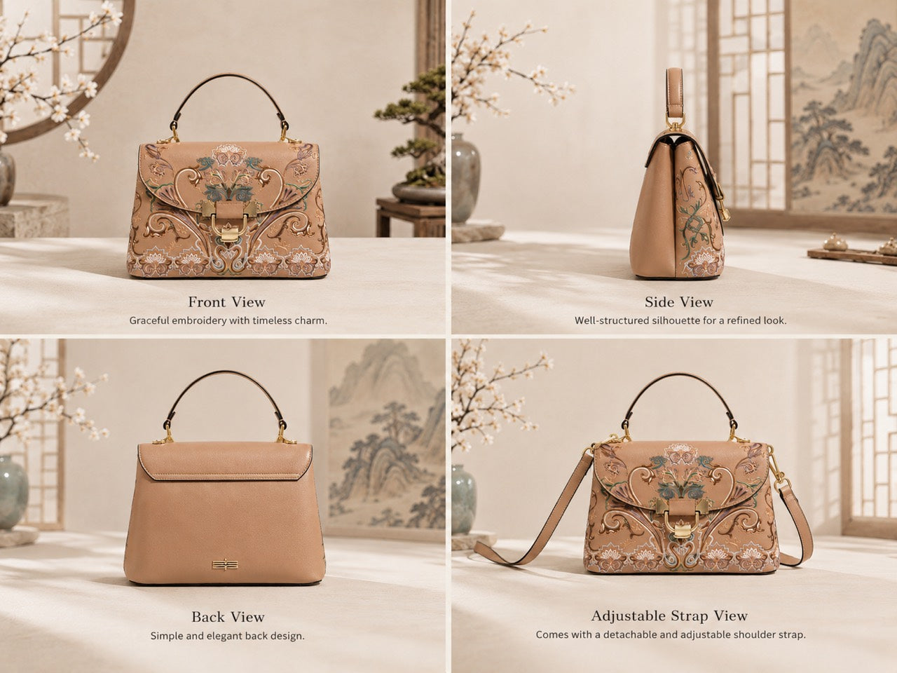 Four-view detail of Amber Ruyi fully hand-embroidered handbag - C01