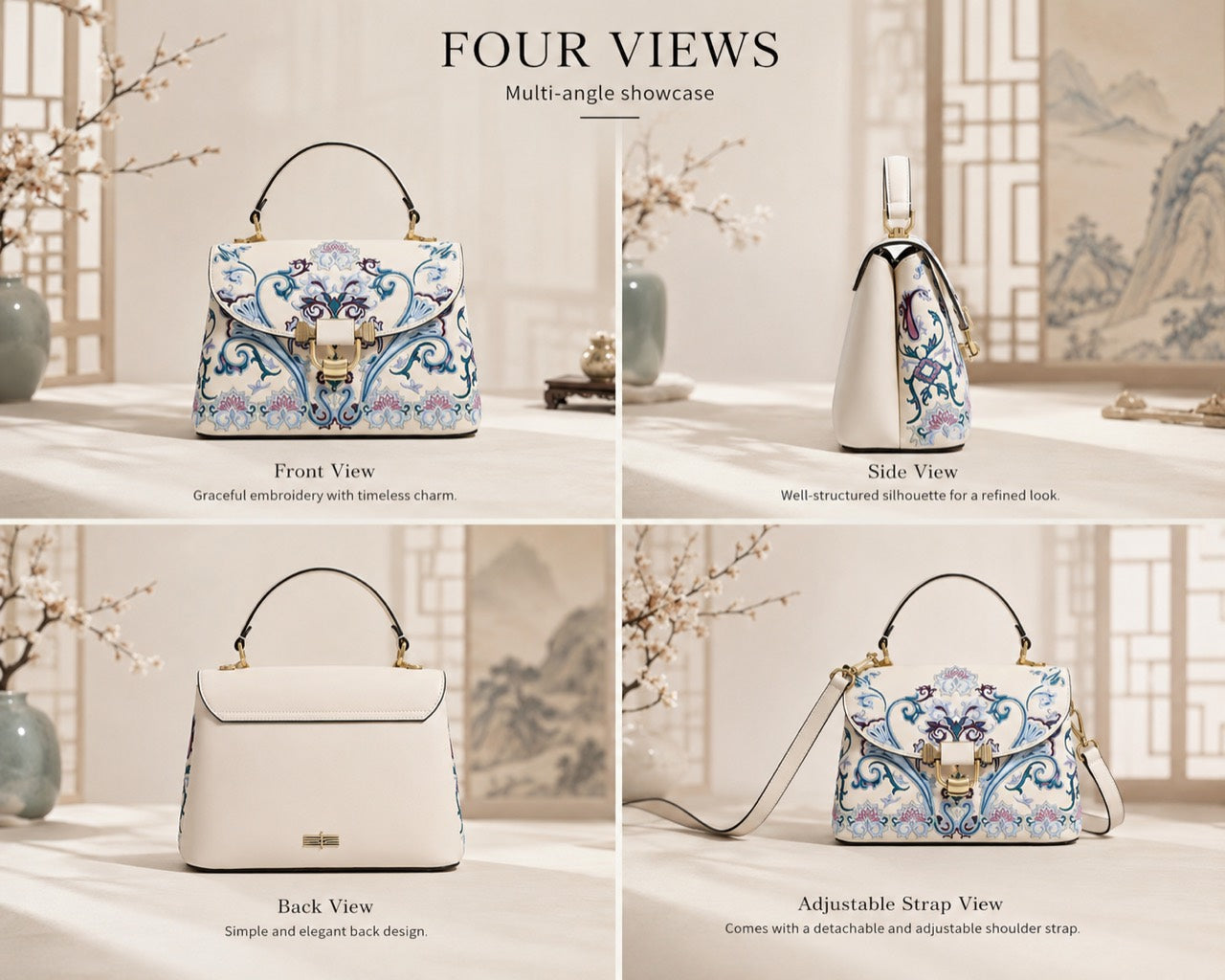 Four-view detail of Moonlight Ruyi fully hand-embroidered handbag - C02