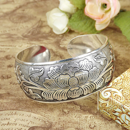 Peony Moon Cuff-K9029 Miao-inspired open cuff bangle with raised peony scrollwork