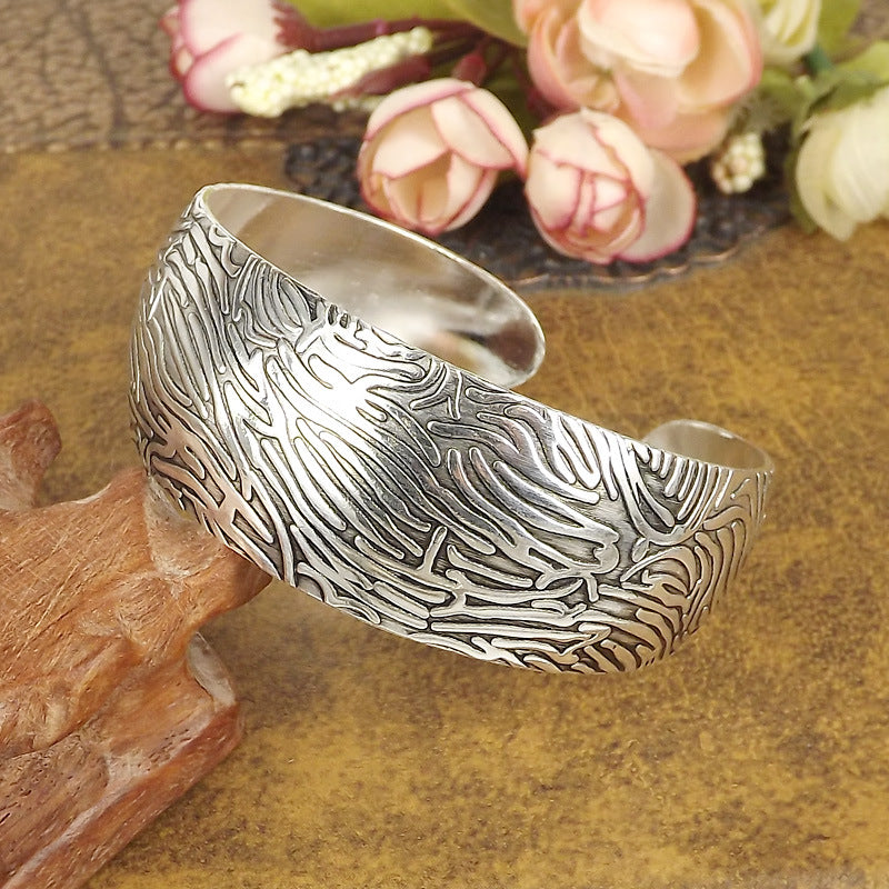 Silver Feather Tide Cuff-K9021 Miao-inspired open cuff bangle with feather-like wave lines
