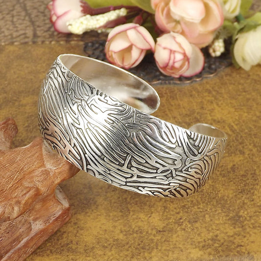 Silver Feather Tide Cuff-K9021 Miao-inspired open cuff bangle with feather-like wave lines