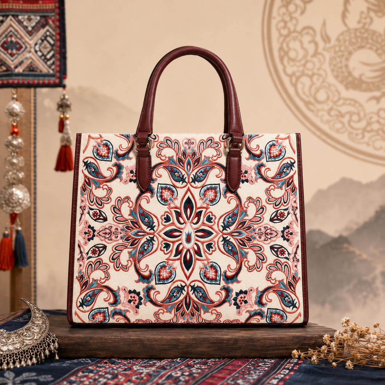 Vermilion Homecoming burgundy and ivory hand-embroidered tote bag - E01